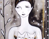 Woman Portrait Cats Original Painting Watercolor Ink Drawing Contemporary Art Bird Snow Decor Grey Black Gold Face Painting Woman
