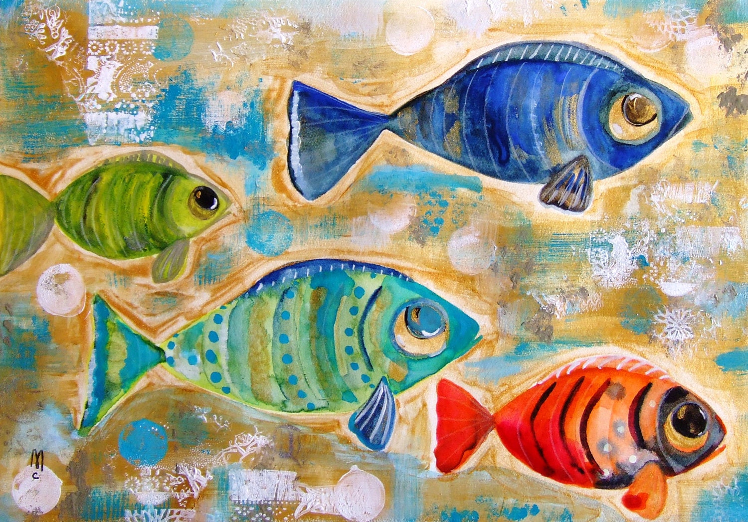 Fishes Original Painting Acrylic Gouache Watercolor Ink Drawing Contemporary Art Blue Red Green Decor Fish Wall Art Animal Nature Fish Art
