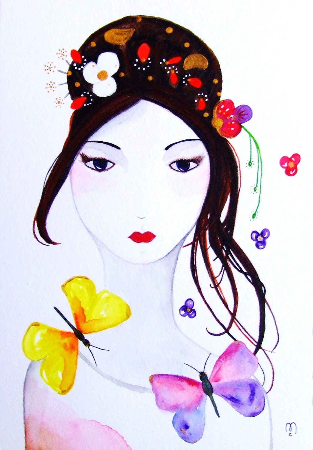 Portrait Woman Original Painting Watercolor Ink Butterflies Flowers Drawing Wall Art Original Portrait Face Portrait Painting Woman Flowers