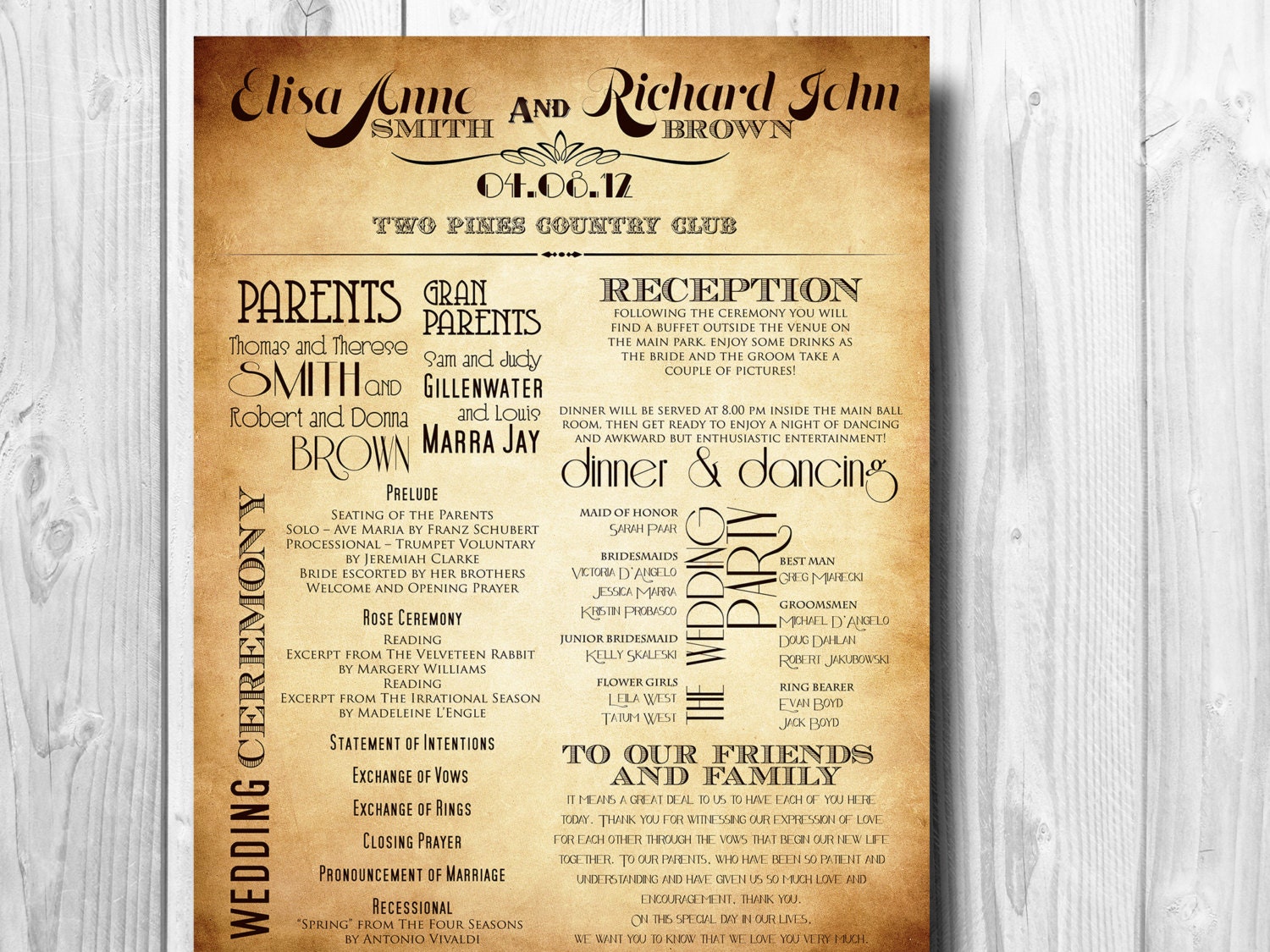 Vintage Wedding Program - Order of ceremony or menu extra large (manifesto design)