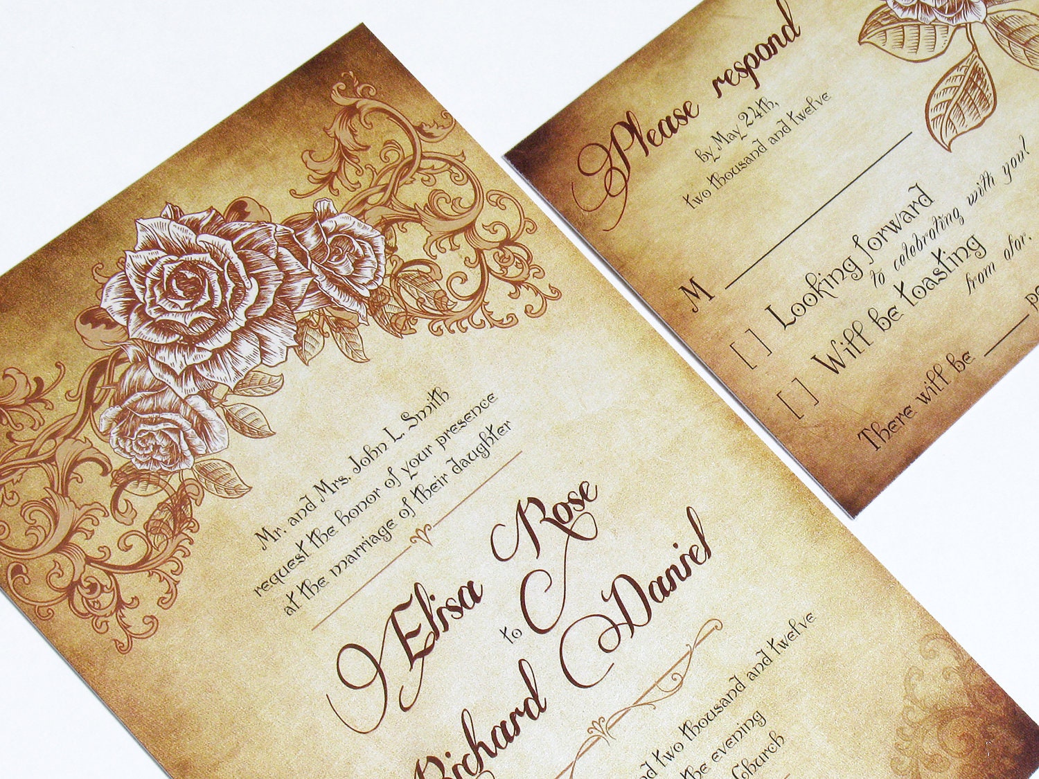 Vintage Rose Wedding Invitations - Romantic old fashioned wedding set