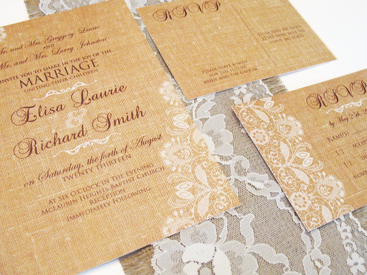 Wedding invitations elegant rustic romantic lace - BURLAP LACE INVITATIONS