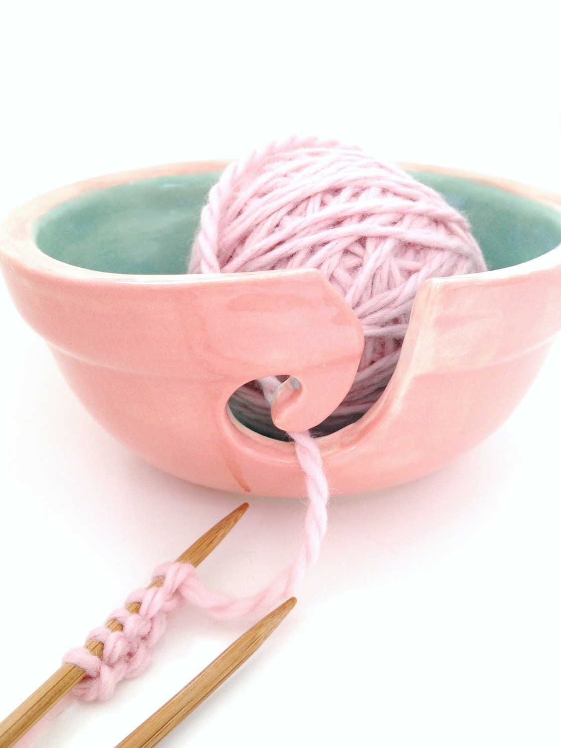 Porcelain Yarn Bowl Pink and Seafoam Green Perfect Yarn Keeper Chic MADE TO ORDER