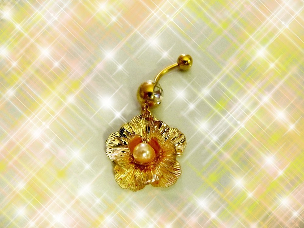 SALE---Belly Ring, Glistening Gold and Pearl Rose, Belly Button Jewelry, For Her