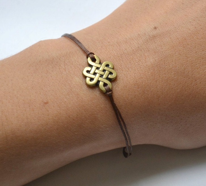 Infinity bracelet, brown cord bracelet with a bronze endless knot charm, Yoga bracelet, Tibetan chinese celtic knot, Buddhist