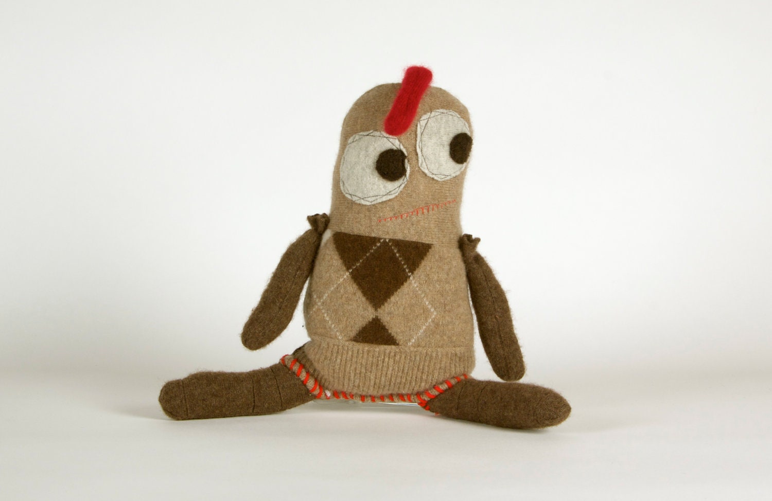 Limited edition Snuggly munchkins, handmade Argyle cashmere monsters in brown