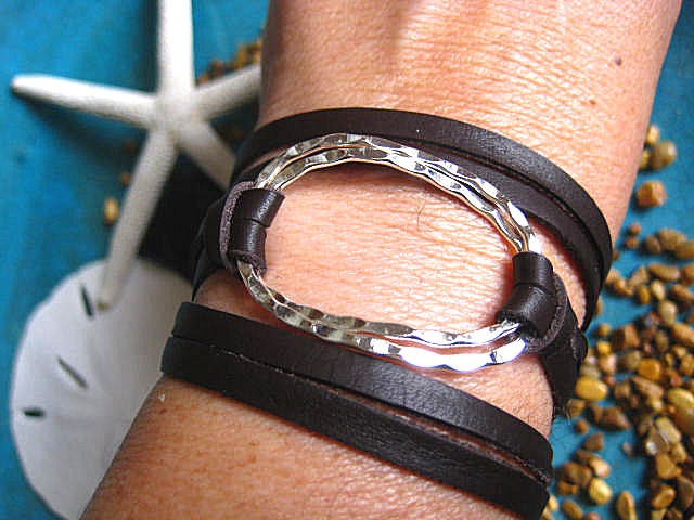 Boho Chic Good Luck  Silver Circle Hammered Triple Wrap Espresso Leather Bracelet  "FREE SHIPPING"