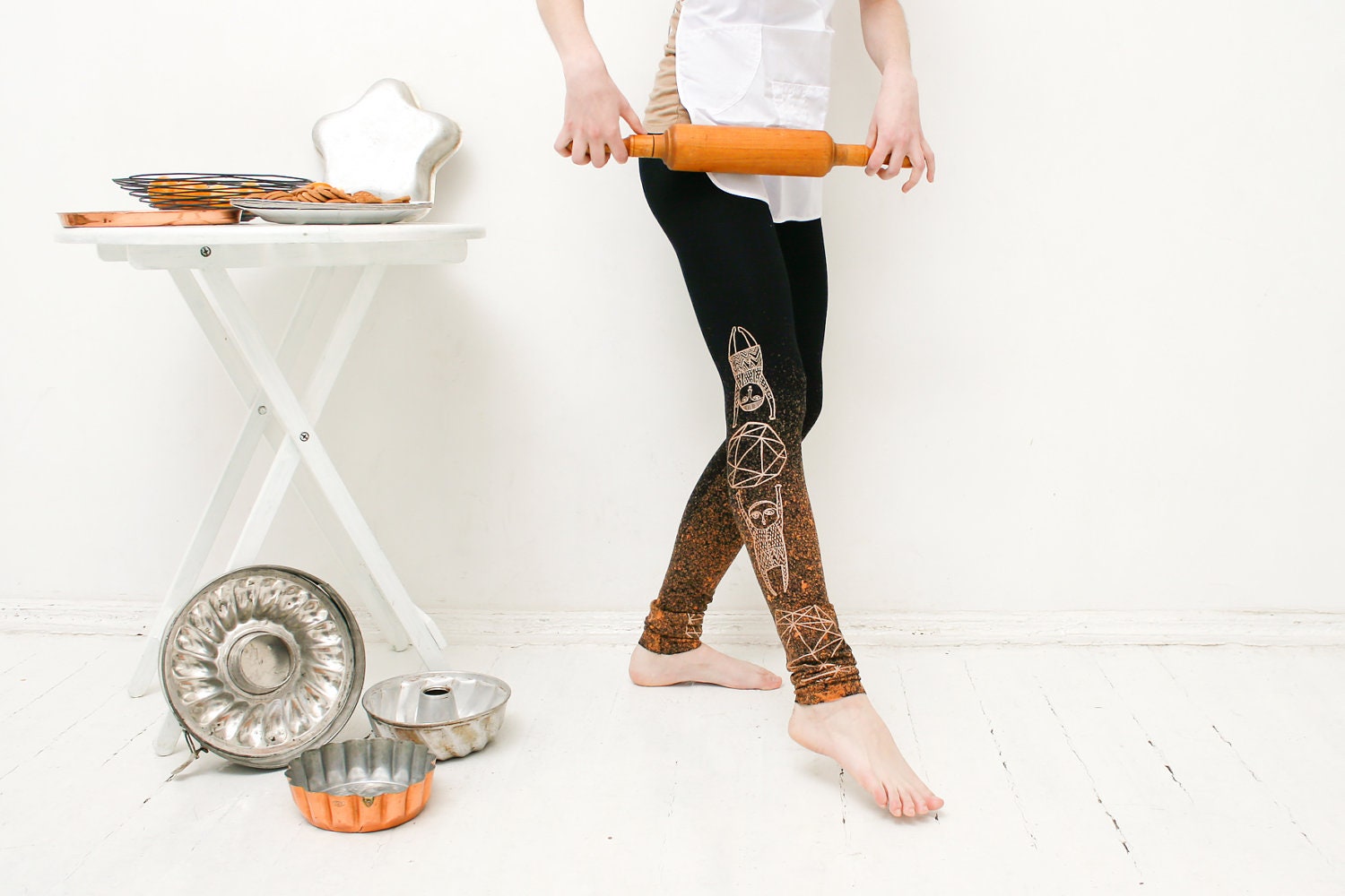 Baking cookies-  black rusted leggings with tiny couple catching diamond print
