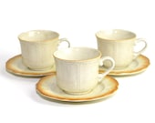 Rustic Brown & Cream Teacups with Saucers - 3 SETS - Japan, Ironstone, Dishwasher Safe, Oven Proof - Vintage Kitchen Coffee or Tea Serving