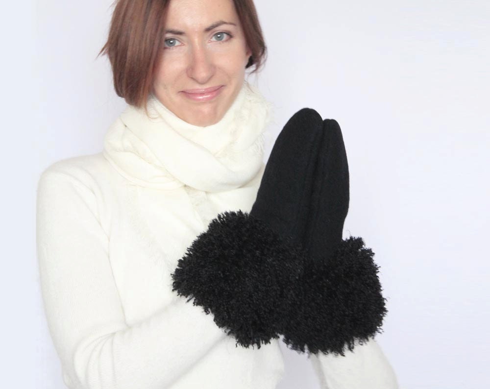 Winter Mittens Gloves Black Wool Mittens Fabric Mitten Gloves with the Black Lama Vegan Faux Fur