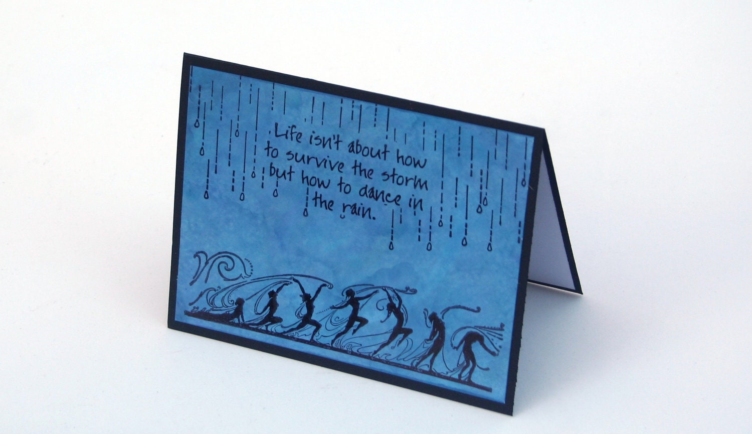 Rain Dance Note card, Black and Blue, Stamped Greeting Card, dance in the rain blank card, notecard, Dancers, friendship card