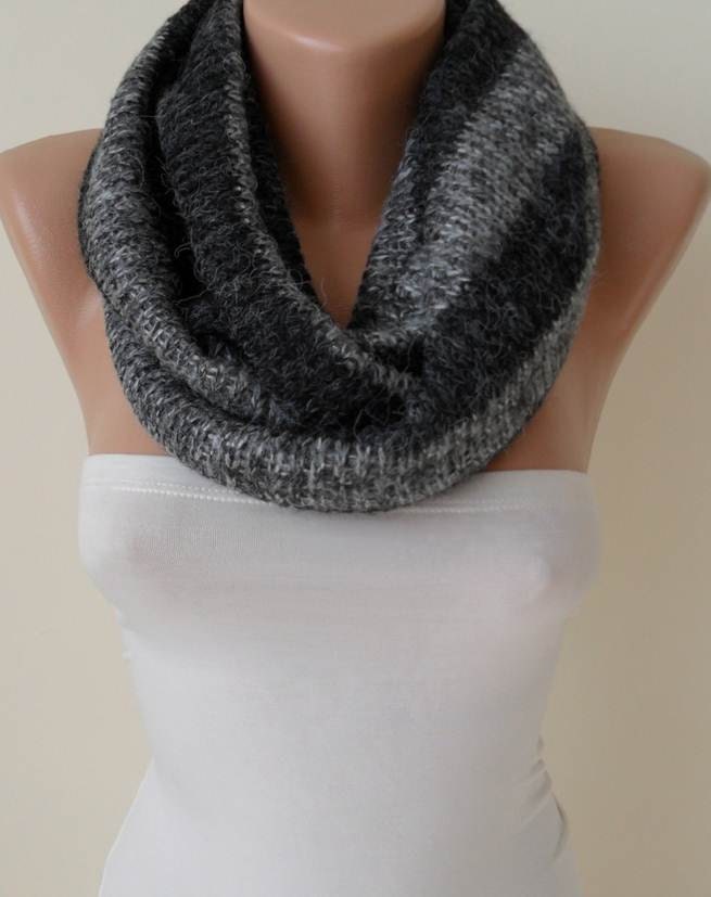 Light and Dark Grey - Wool - Fabricknitted Fabric Infinity - Circle -  Loop Scarf