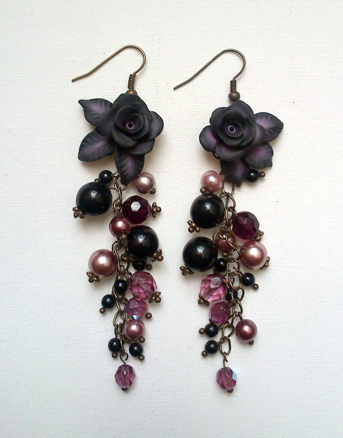 Rose earrings - Pearl earrings - Lavender Black flower earrings