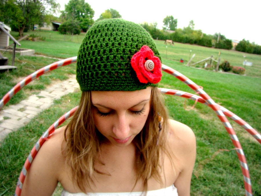 Green Hand Crocheted Cap with Red Rose Tribal Wooden Detail