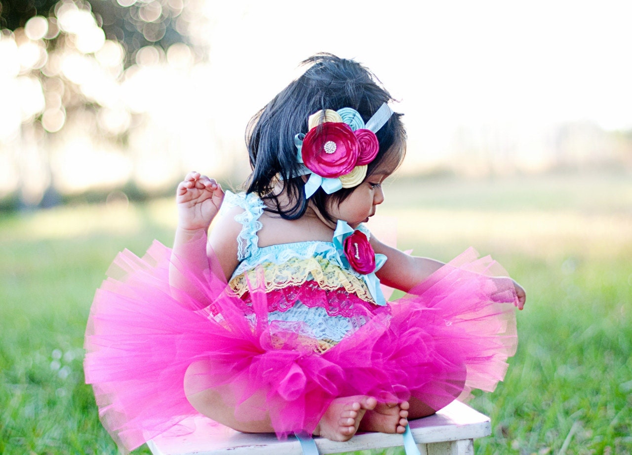 The Aubrey Tutu, Romper & Headband- Hot Pink, Aqua, Yellow, Pink, Birthday, outfit, rainbow, Girl, Newborn, Infant,