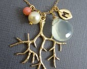 Gold Coral branch Necklace, Sea foam green chalcedony, Monogram, Hand Stamped Initial necklace, Beach Jewerly.
