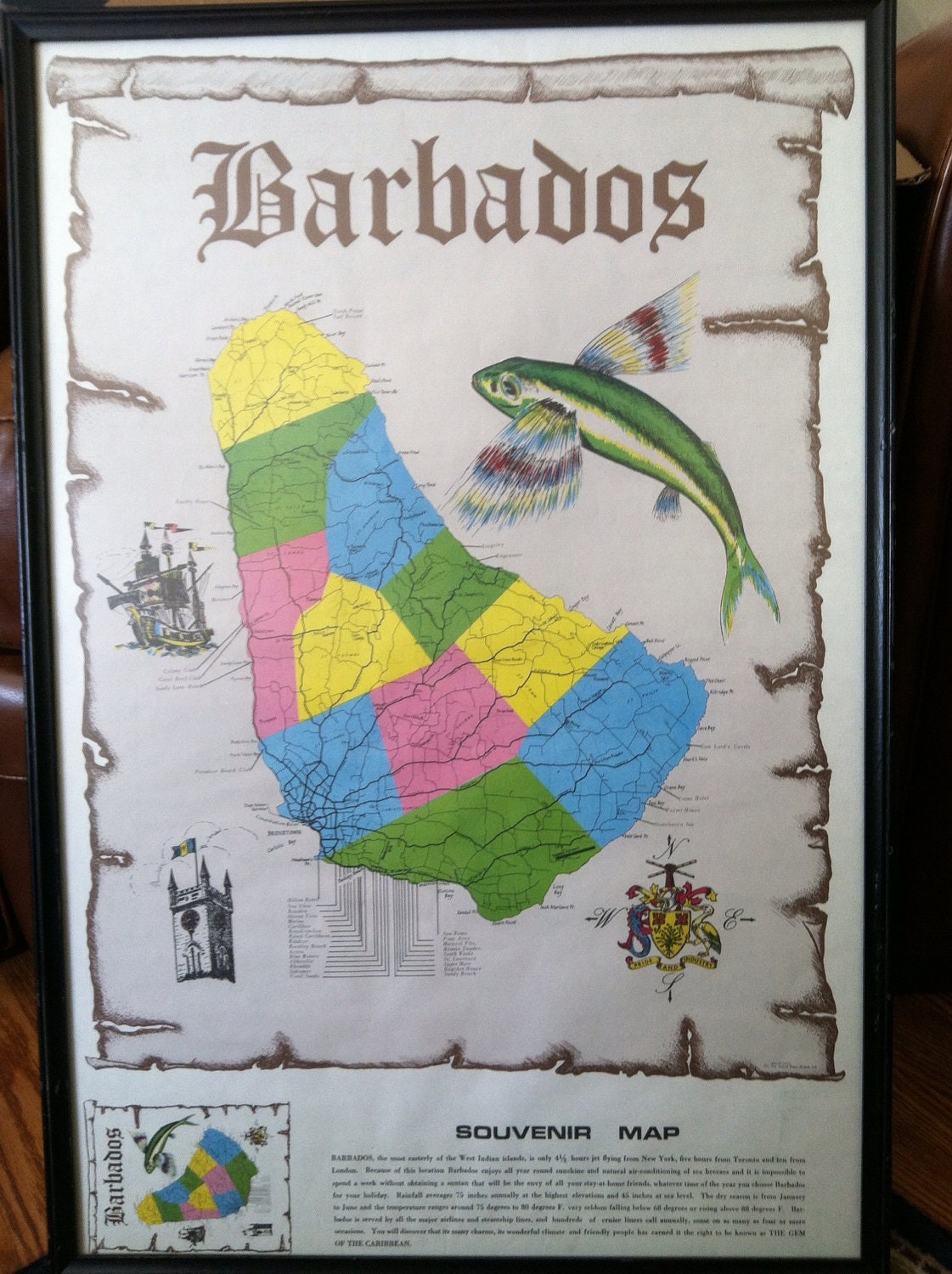 Barbados souvenir map vintage framed