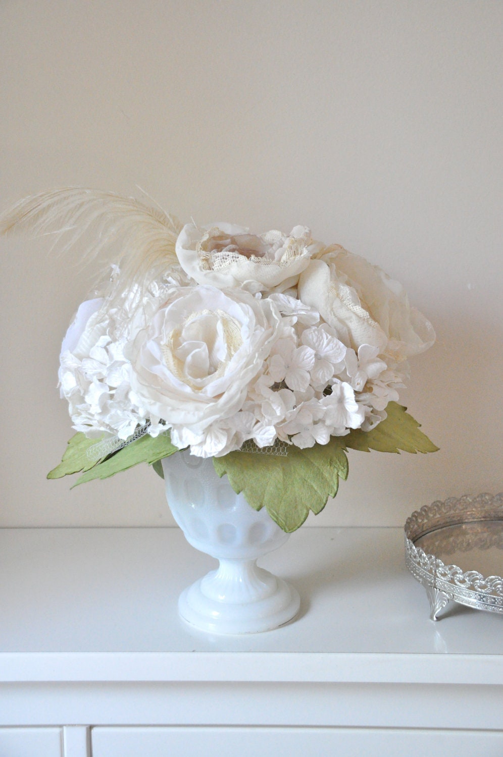 Table center of fabric flowers, paper flowers in milk glass, 40s style, Mad men decor, AUDREY