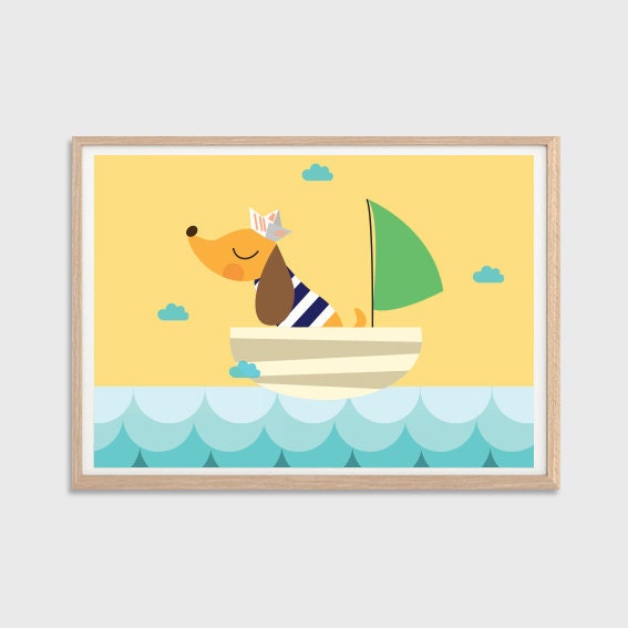 Baby Sausage Dog On A Boat Poster : Modern Illustration Retro Art Wall Decor Print A4 11 x 8