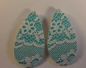 Oval lace earrings, Teal and White earrings, Hand painted earrings
