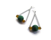 Boho Dangle Earrings, Chain Earrings, Green Earrings, Silver plated, Stud Dangle Earrings, Gift for Her, Green Boho Earrings, OOAK