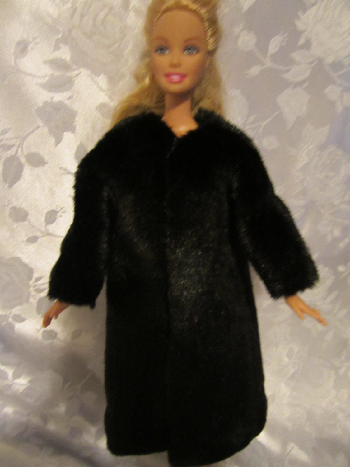 Barbie doll Fashion doll black faux fur fake fur coat mid calf length