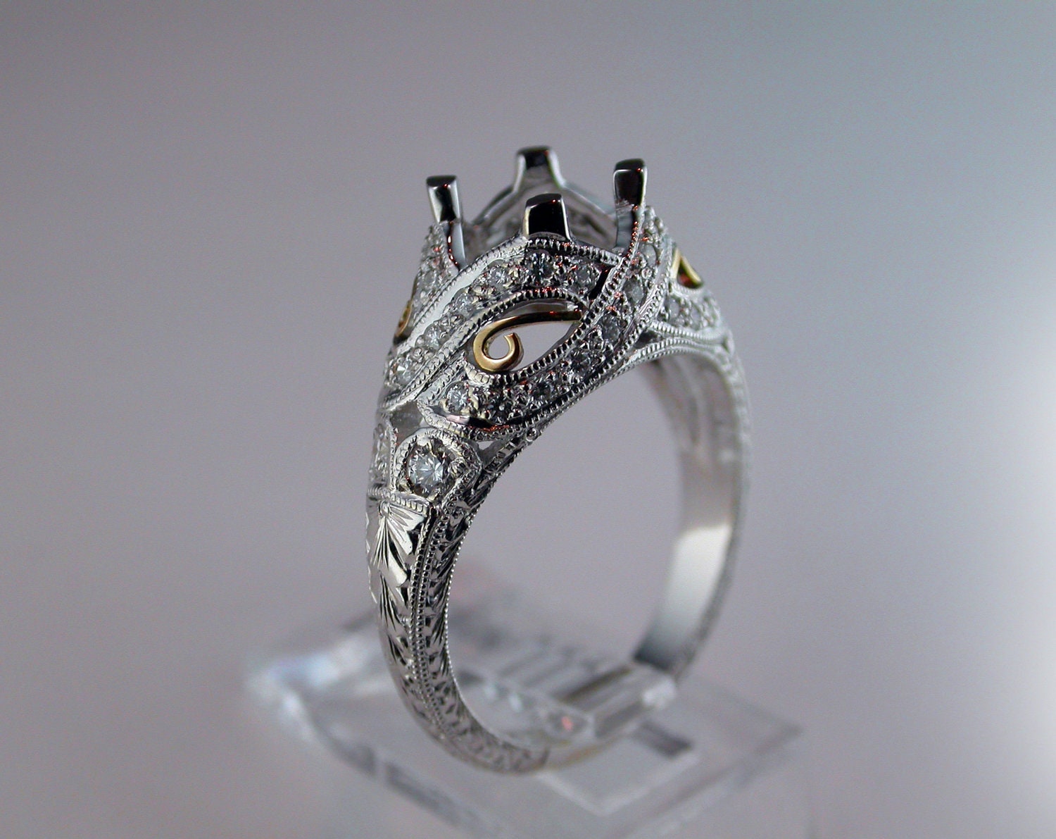 14K Gold Hand Engraved Filigree Engagement / Wedding Ring with pave Diamonds