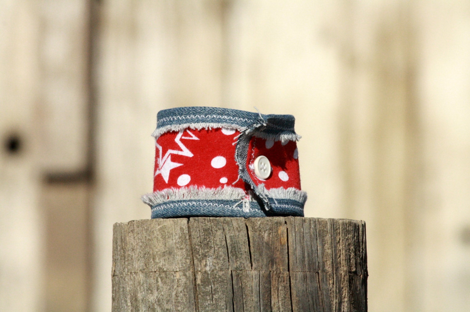 Fourth of July Denim Wrist Cuff - Upcycle - Free Shipping
