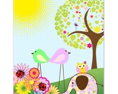 Walk In The Park and Sunshine, With the Birds and Elephant, 10x8" Baby Nursery wall art, Art Decor, Children wall art, Nursery Print