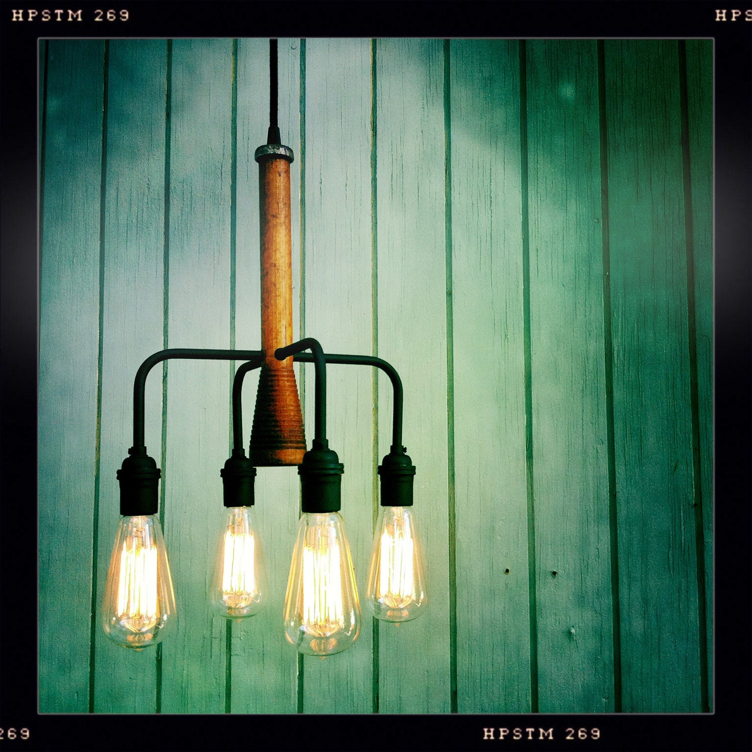 Vintage Industrial Pendleton Mill Bobbin Chandelier Pendant Lamp with Exposed Filament Bulbs Included