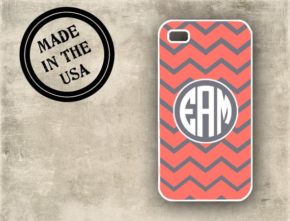 Personalized iPhone 4 case - Coral and gray chevron, monogram Iphone case - chevron Iphone 5 cover, Iphone 4s cover, rubber, plastic  (9912)