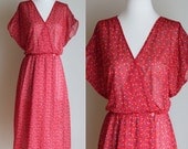 Vintage 1970s Sheer Red Wrap Dress - Multicolored Polka Dots - Button Closure - Size Medium / Large
