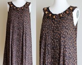 Vintage 1990s Tent Dress - Ethnic Print Mini Dress - Wooden Beads - Button Front -  Size Small / Medium