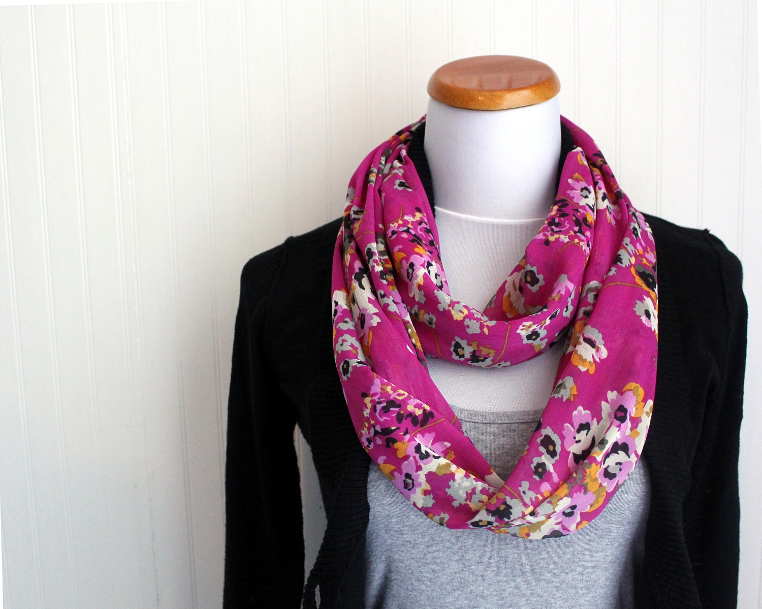 Floral Infinity Scarf, Pink Chiffon Scarf, Loop Scarf, Circle Scarf
