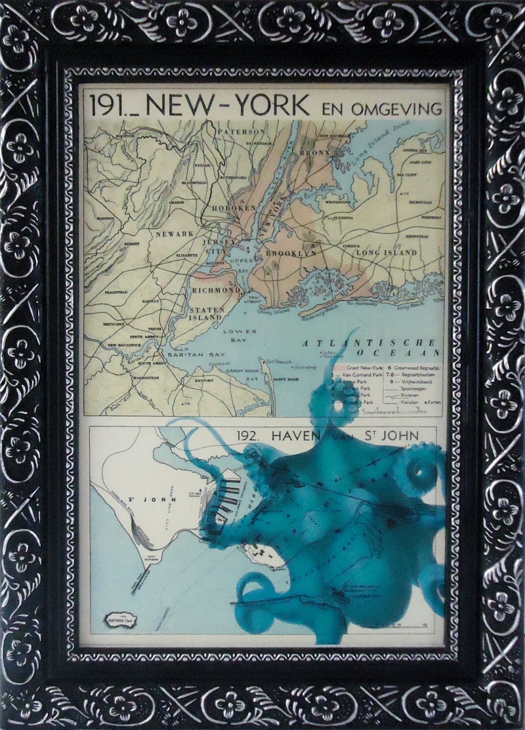 The OCTOPUS ART print New York BLEU Octopus Vintage map of the port of New York Mixed Media Original Giant Octopus Wall Decor print (371)