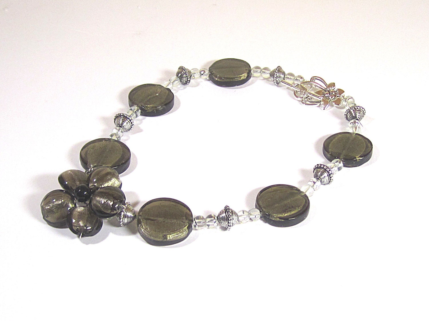 Beaded Glass Flower Necklace, Black Necklace, Beaded Glass Bead Jewellery,  Handmade In The UK