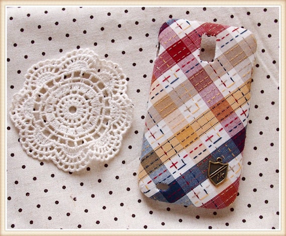 Diy Handmade Cloth Art Flip Cover Case no.86 Red, yellow and blue lattice for Galaxy Note 2