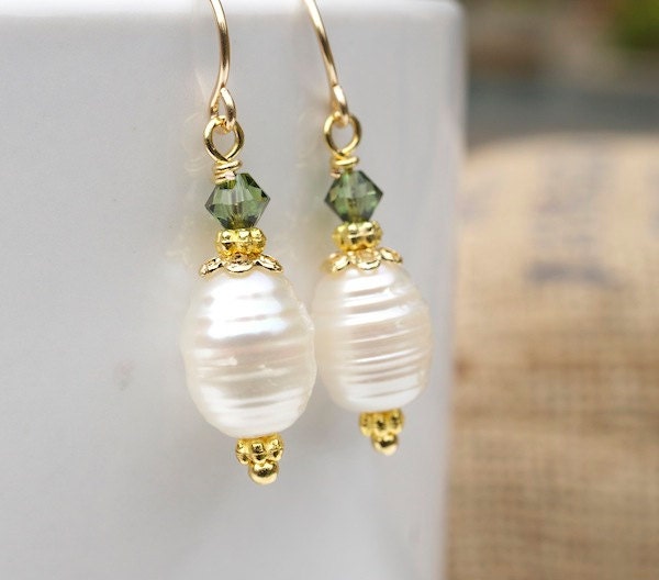 Pearl Dangle Earrings, Pearl Earrings with Green Swarovski Crystals