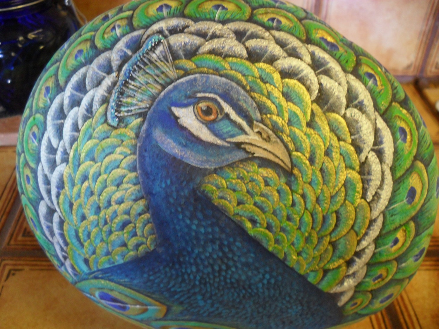 Peacock Rock OOAK Hand Painted Sculpture