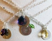Personalized Initial Necklace with Semi-precious Birthstone Briolette - hand-stamped Sterling Silver