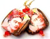 Earrings womens jewelry pierced rose pink shrimp coral beaded wooden Frida Kahlo statement gold metal red TAGT tenX