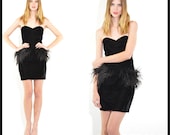 Vintage 80s black strapless velvet Ostrich FEATHER cocktail Holiday PARTY womens mini dress