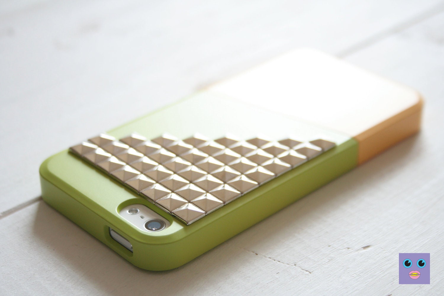iPhone 5 case - Color Block Case - Green Orange / Silver studs