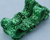 St. Patrick's Day - Sparkle Bow - Emerald Green Hair Clips - Tuxedo Bow - Glitter Ribbon - Matching Set of 2 - Toddler to Big Girl Hair Bow