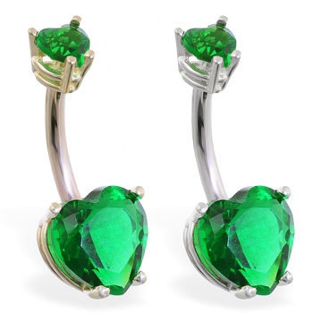 14K Solid Gold belly ring with Emerald double heart stone, Yellow or White gold. Free Shipping