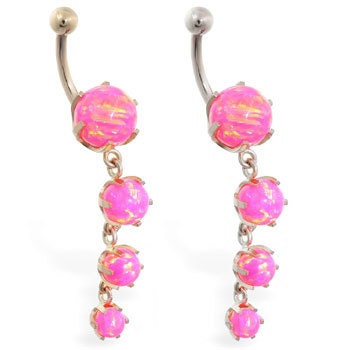 14K Solid Gold belly ring with Quadruple Pink Opal Dangle, Yellow or White gold. Free Shipping