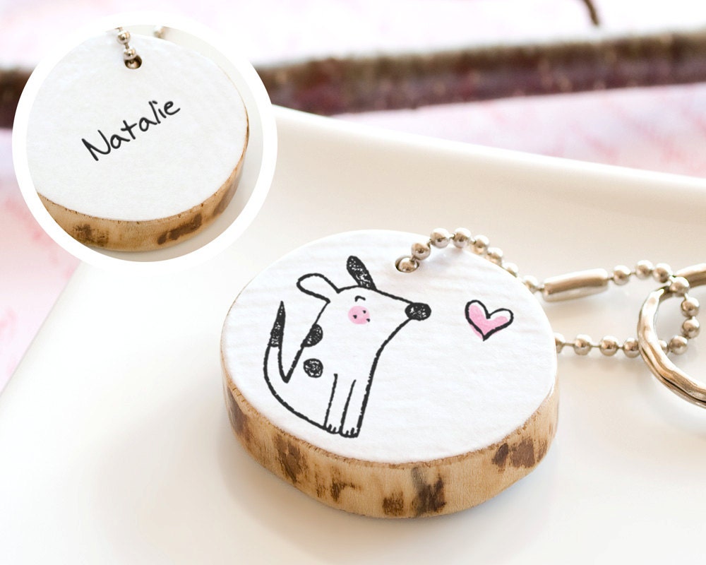 Dog Keychain PERSONALIZED Birthday Gift Dad Gift Name Initial Monogram Cute Animal Drawing Custom Handmade Reclaim Wood ECO FRIENDLY Keyring