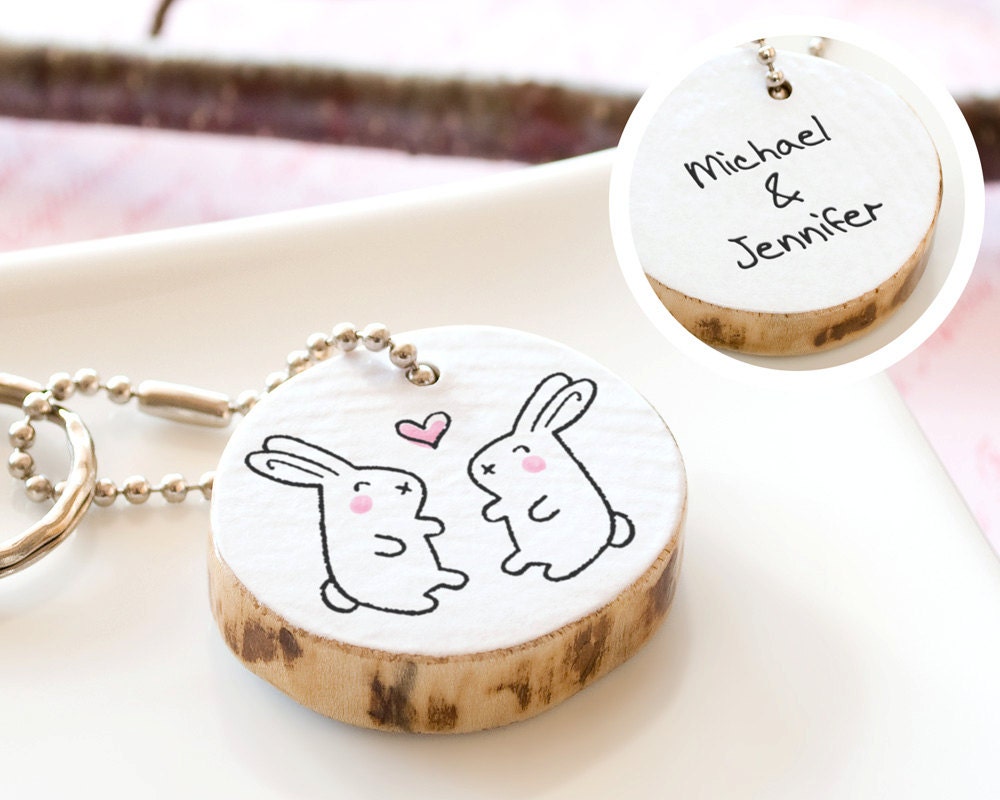 Bunny Couple Keychain PERSONALIZED Custom Rabbit Drawing Adorable Fun Cute Gift Love Heart Reclaim Wood ECO FRIENDLY Handmade Round Keyring