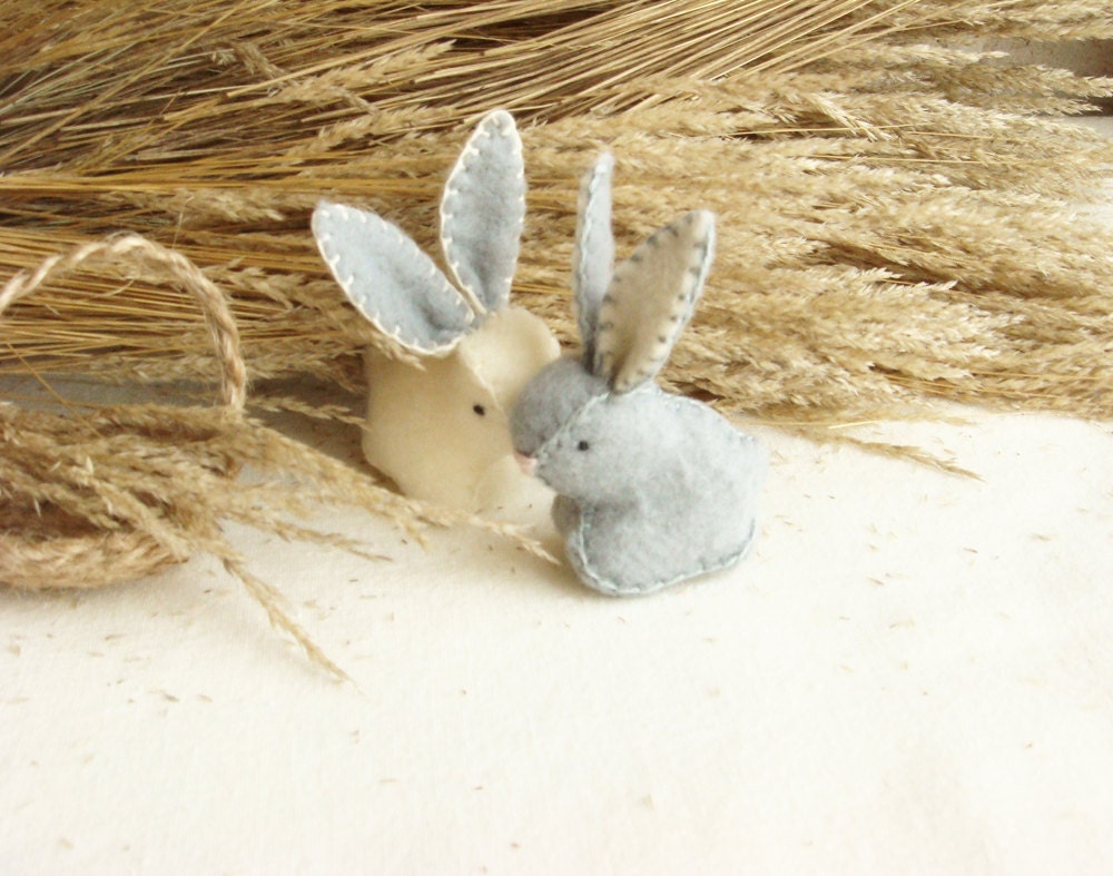 Couple Tiny Easter Bunnies Soft Miniature Rabbits With a Basket  Hand Made - sistersdreams