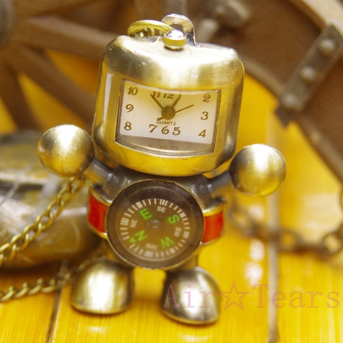 Victorian Retro Compass Robots shaped Pocket Watch Necklace Pendant N041
